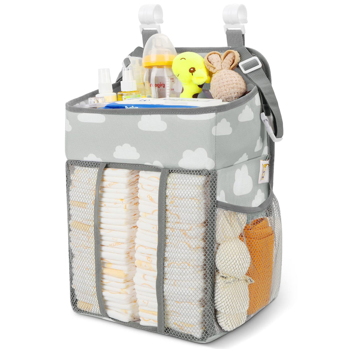 Maliton Hanging Diaper Caddy Organizer in Gray Cloud displayed on changing table for easy reach