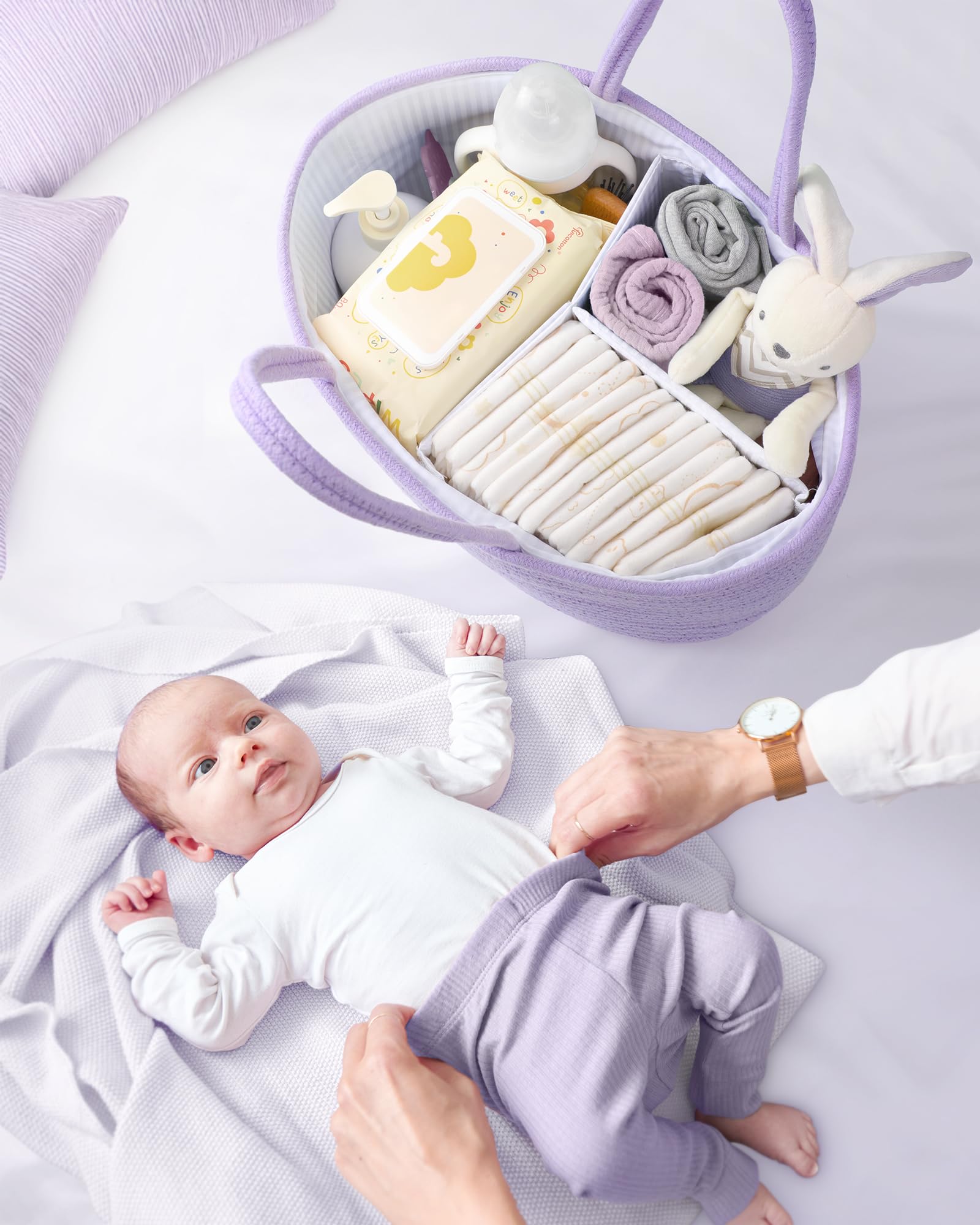 Large capacity Maliton caddy holds diapers, wipes and toys
