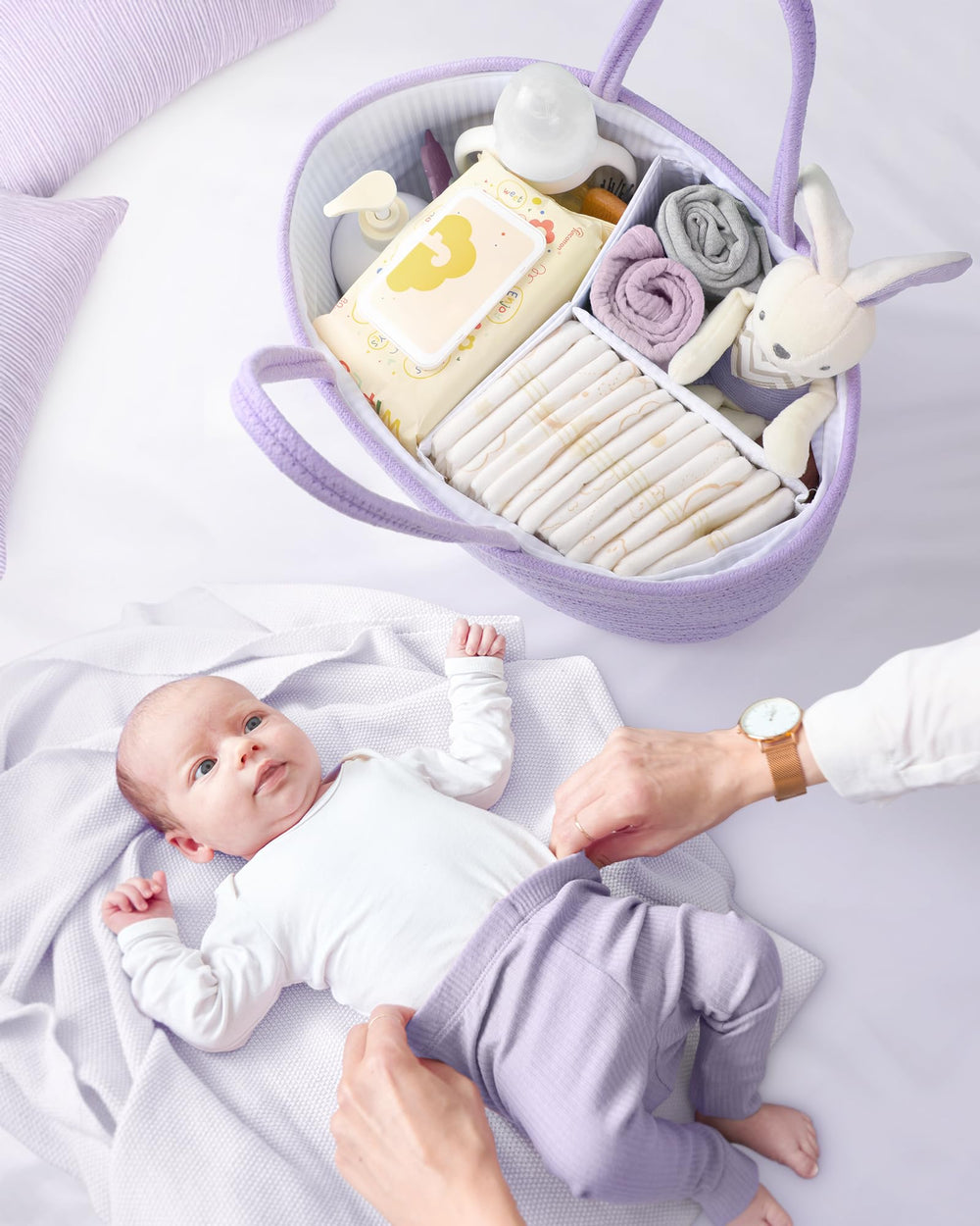 Large capacity Maliton caddy holds diapers, wipes and toys
