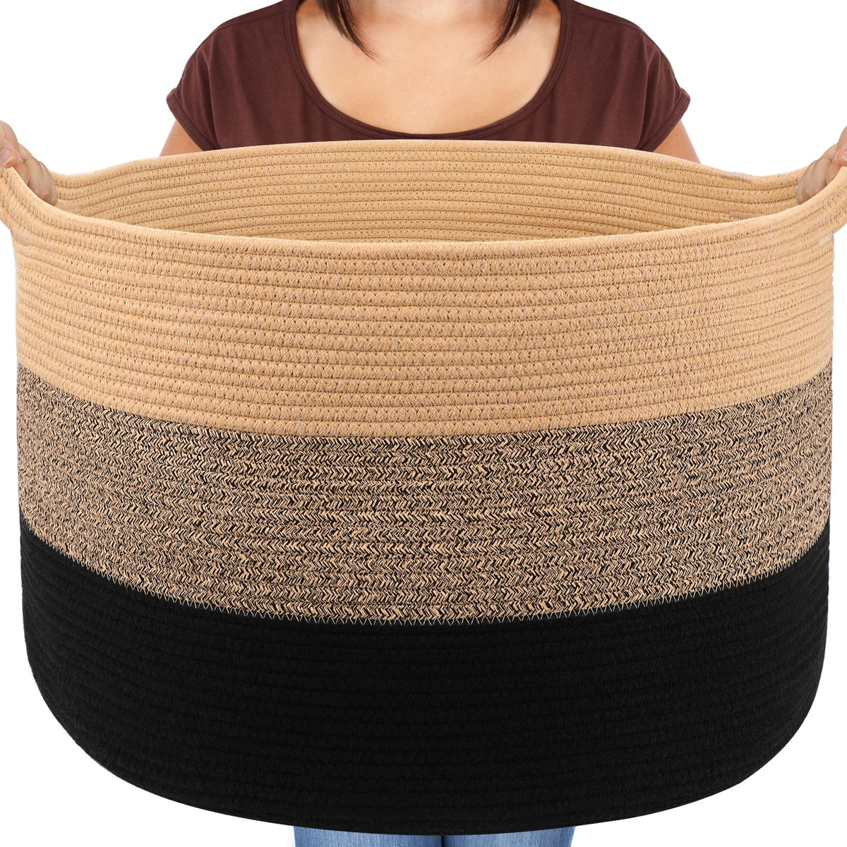 Maliton large woven basket in side view, ideal for large blanket storage.