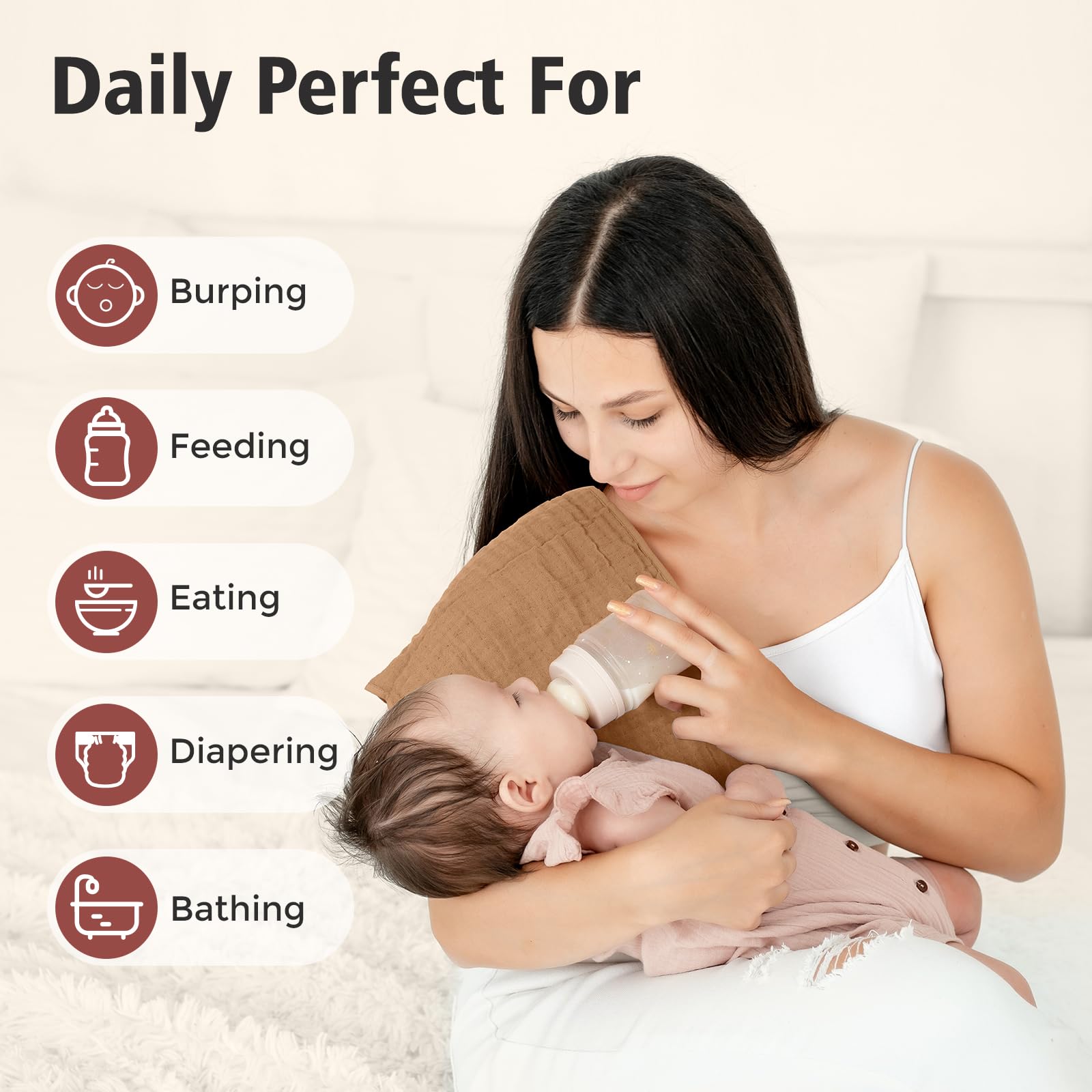 Maliton Muslin Burp Cloth drape on shoulder demonstrates versatility