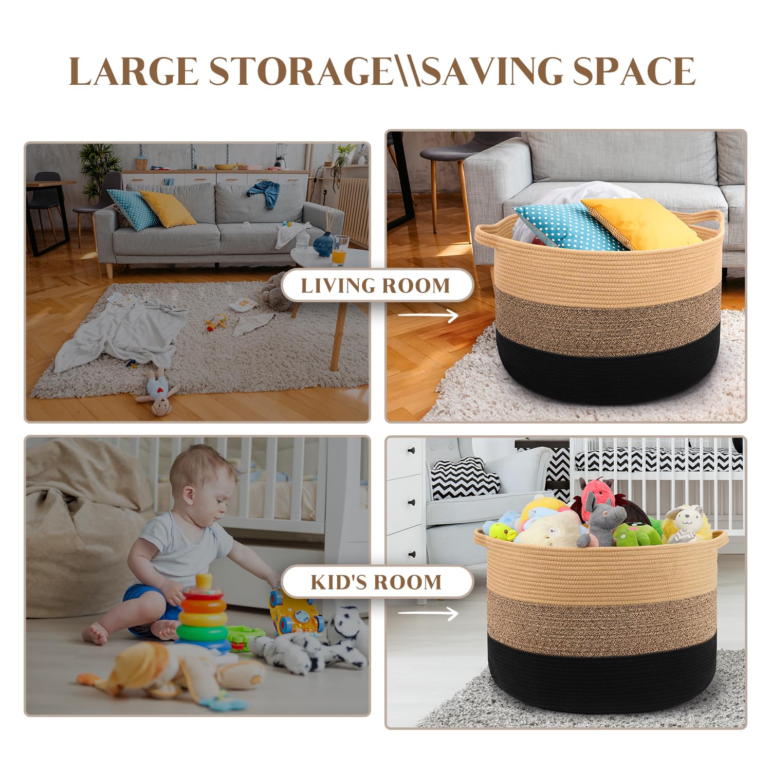 Maliton neutral storage basket in living room blends with decor.