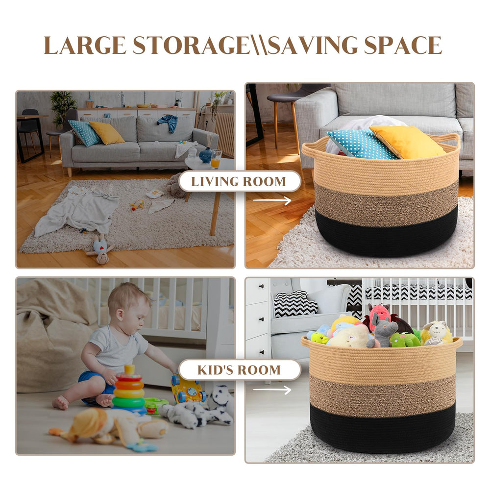 Maliton neutral storage basket in living room blends with decor.