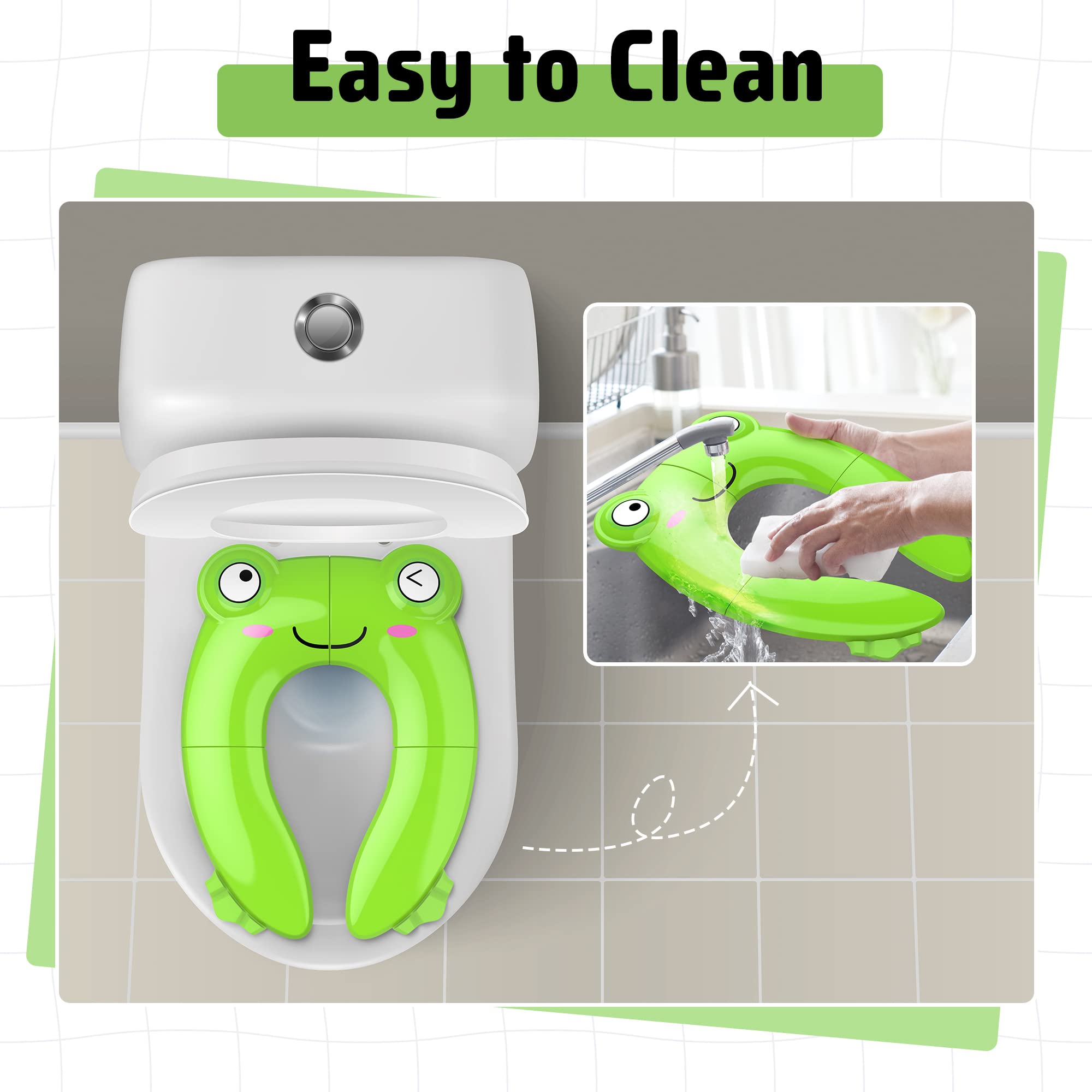 In-use Maliton frog potty seat on a standard toilet for toddlers.