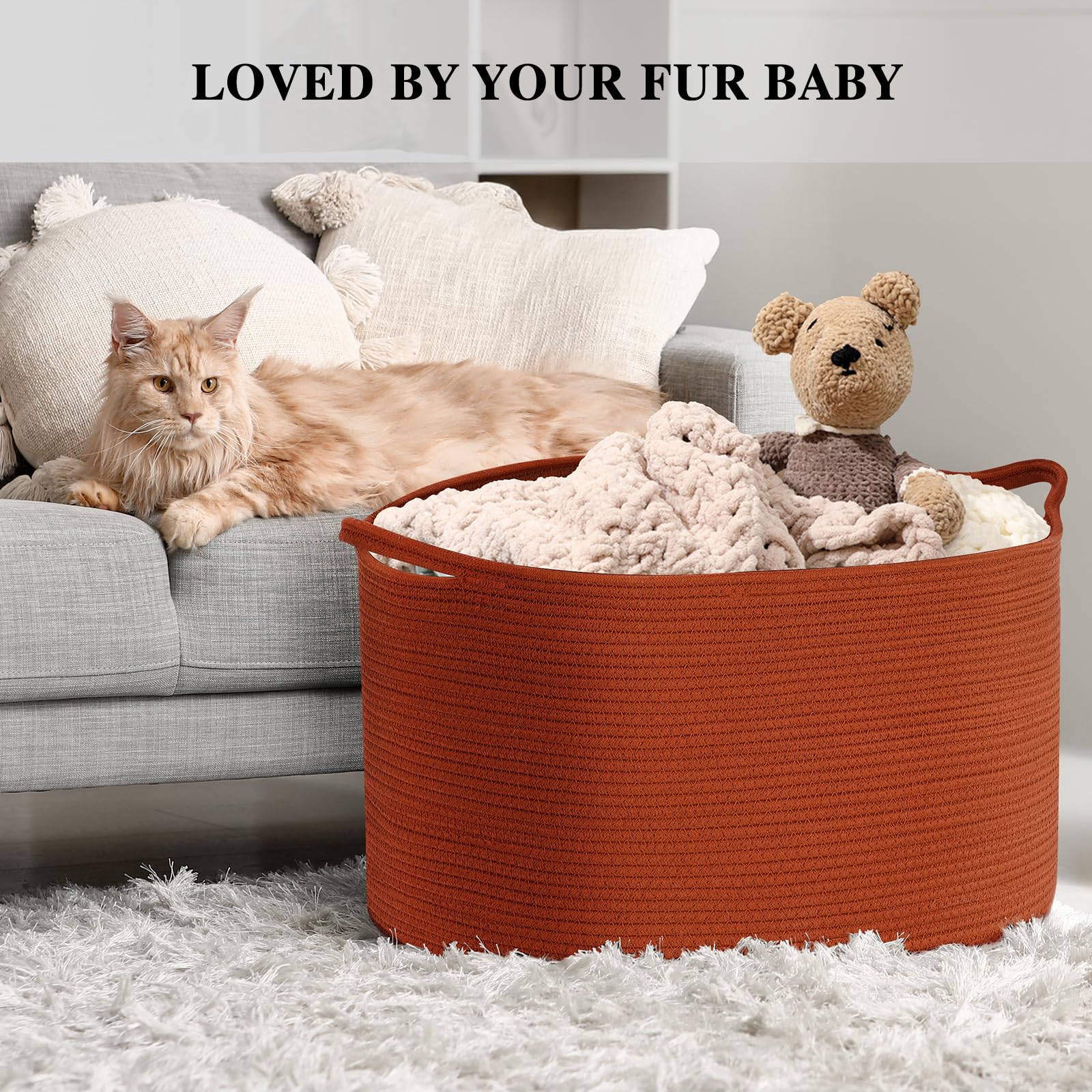 Maliton round basket with sturdy handles aids easy transporting between rooms.