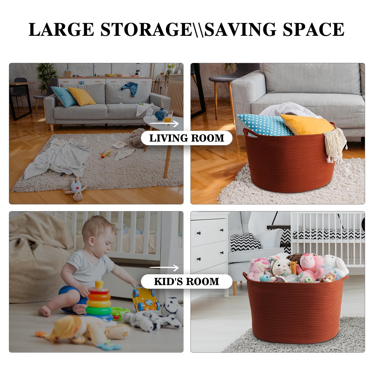 Maliton round basket holds pillows and cushions, reducing clutter while blending with decor.