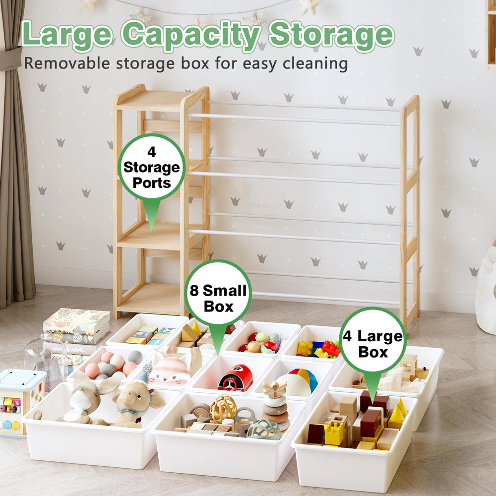 Kids bedroom storage unit keeps toys and books neatly organized.