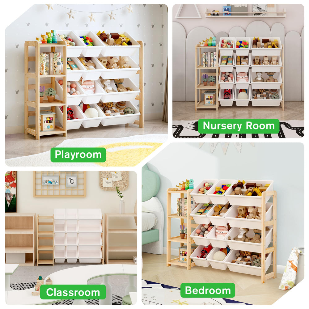 Natural pine frame blends with decor while keeping items organized.
