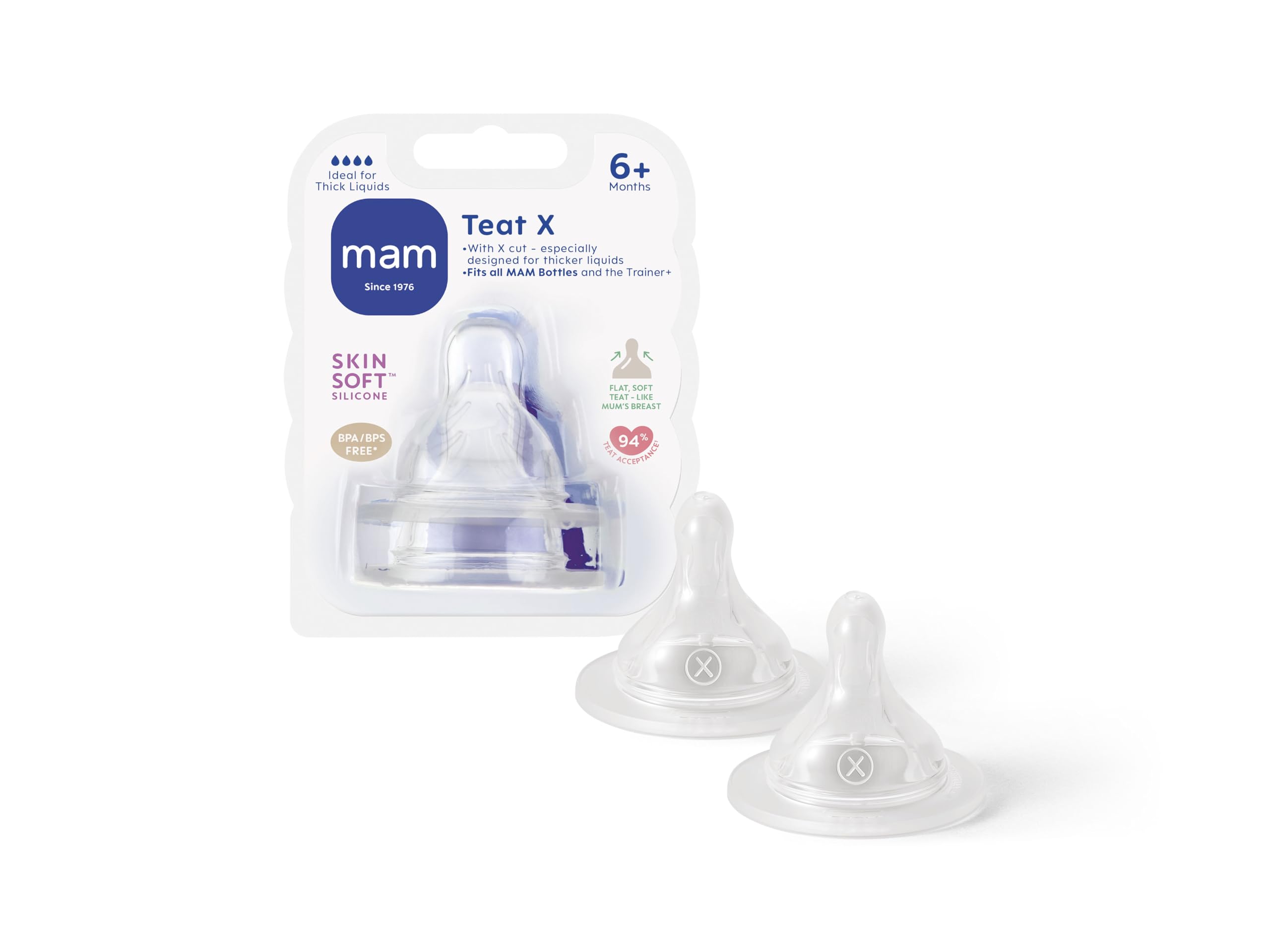 MAM cross-cut bottle teat with cross-slot opening for steady flow.