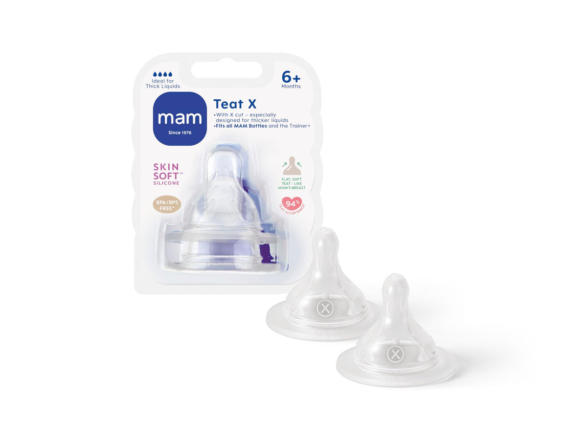 MAM cross-cut bottle teat with cross-slot opening for steady flow.