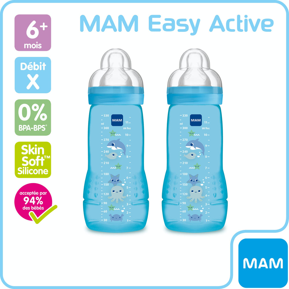 MAM Easy Active 2nd Age bottle 330ml blue wide opening for easy filling and cleaning