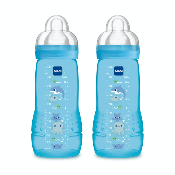 MAM Easy Active 2nd Age bottle 330ml blue with ergonomic grip for easy feeding