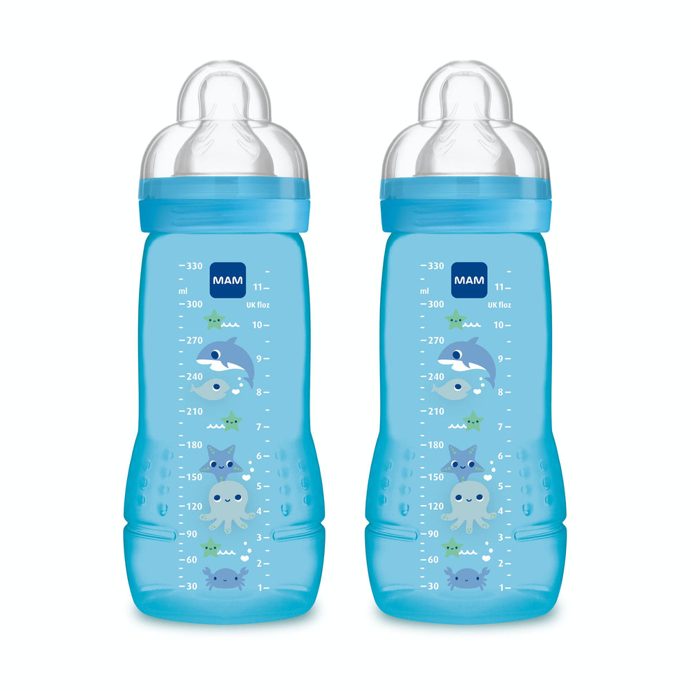 MAM Easy Active 2nd Age bottle 330ml blue with ergonomic grip for easy feeding