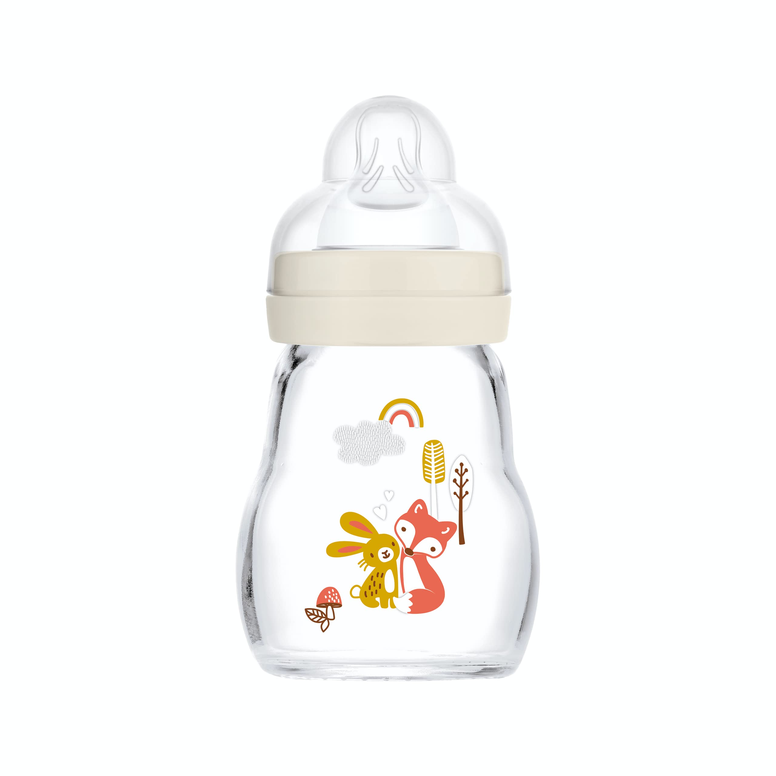MAM glass bottle 170ml Garden White front view, showcasing durable borosilicate glass.