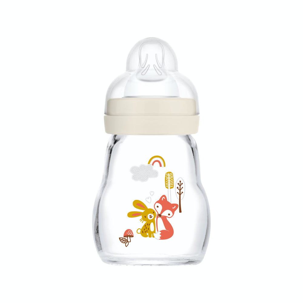 MAM glass bottle 170ml Garden White front view, showcasing durable borosilicate glass.