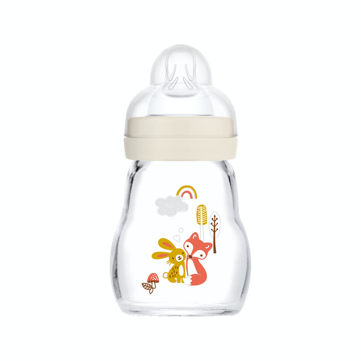 MAM glass bottle 170ml Garden White front view, showcasing durable borosilicate glass.