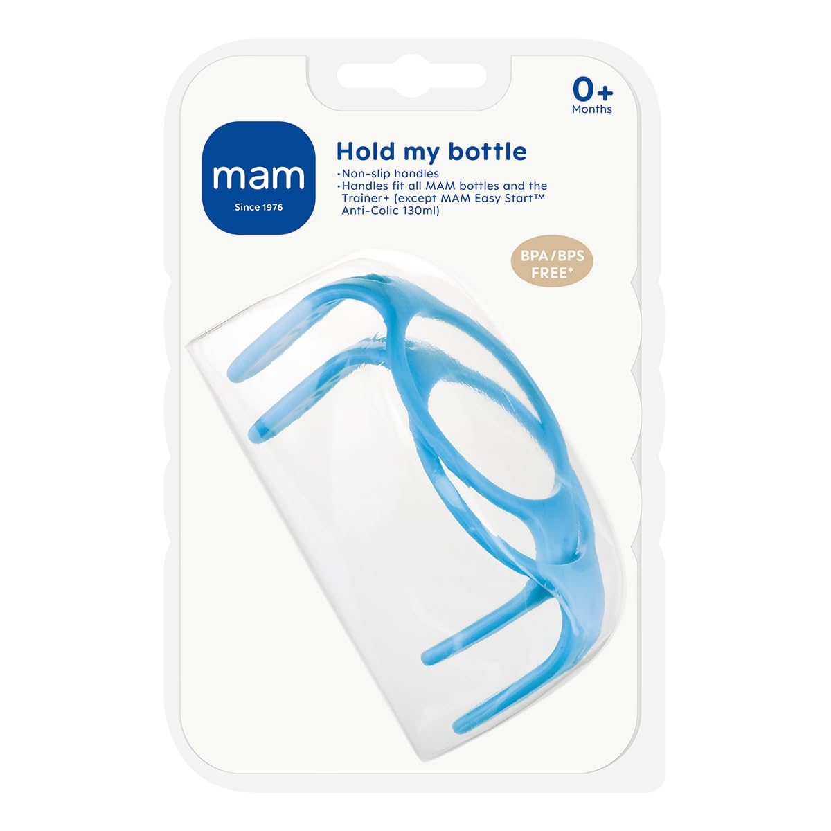 Blue MAM Hold My Bottle Handles aid secure grip during feeding sessions