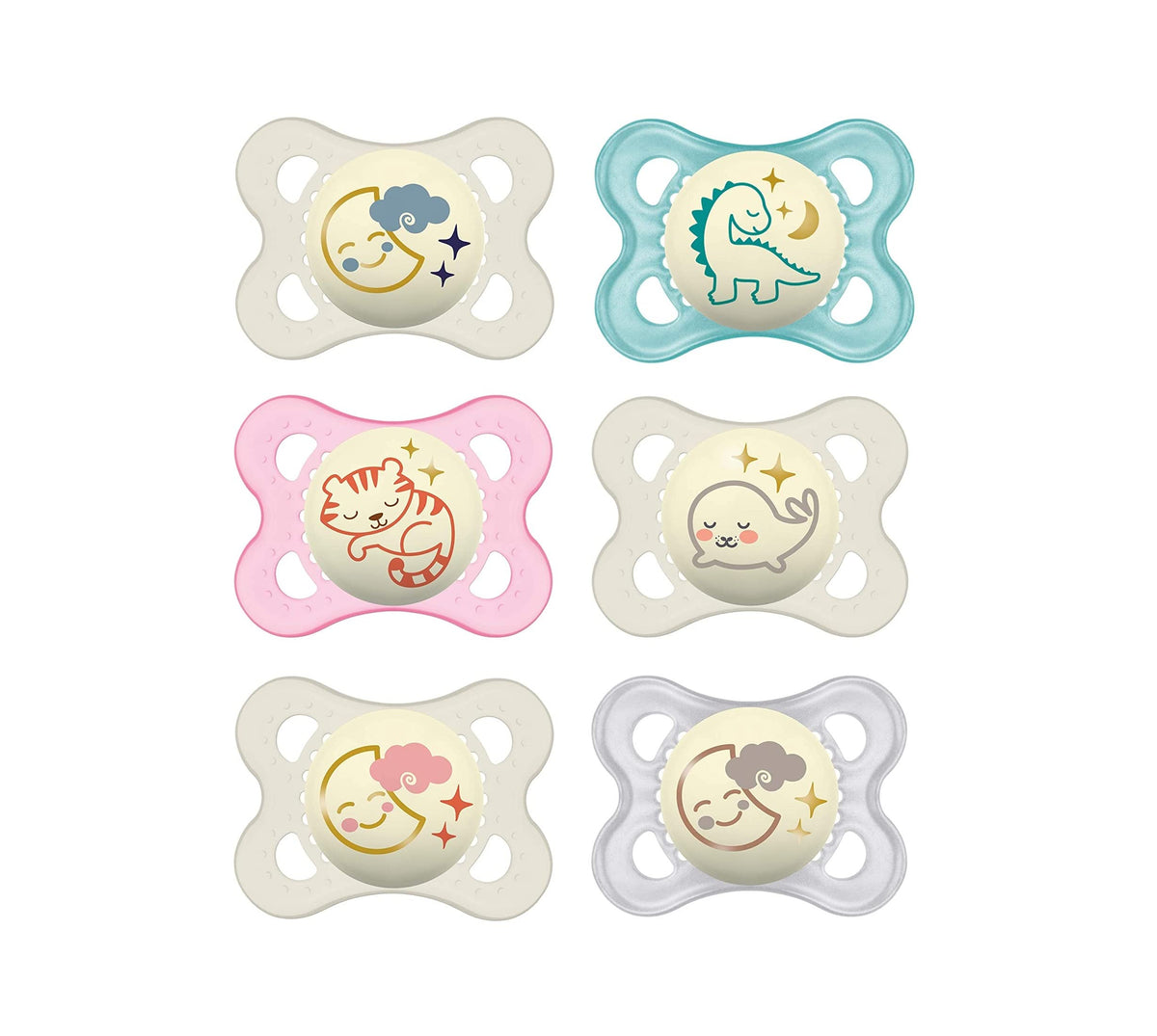 MAM Original Night Pacifiers glow in the dark for easy night-time locating.