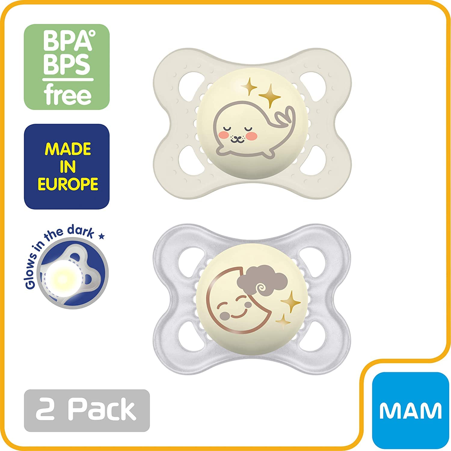 MAM Original Night Pacifiers glow in the dark for quick night searches.