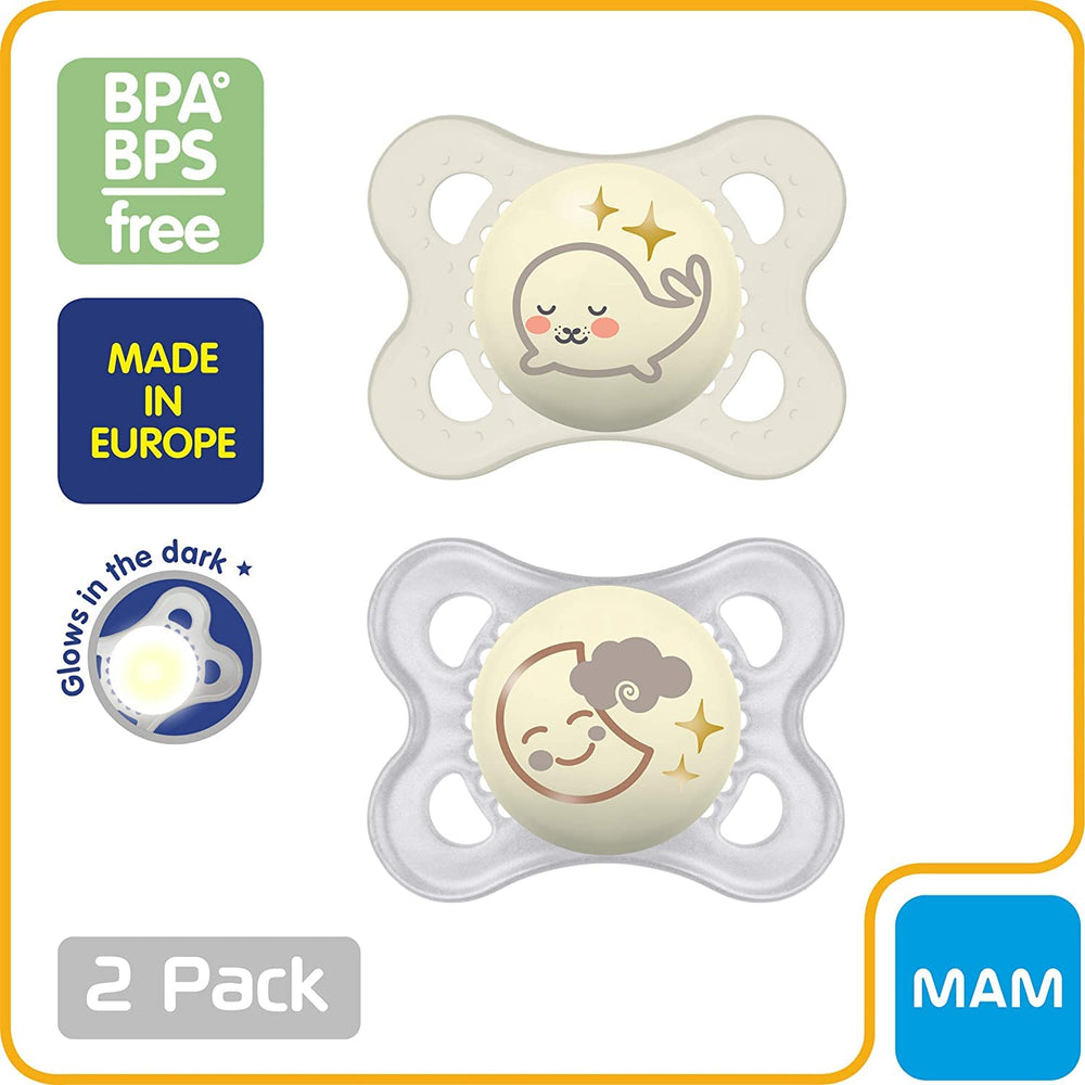 MAM Original Night Pacifiers glow in the dark for quick night searches.