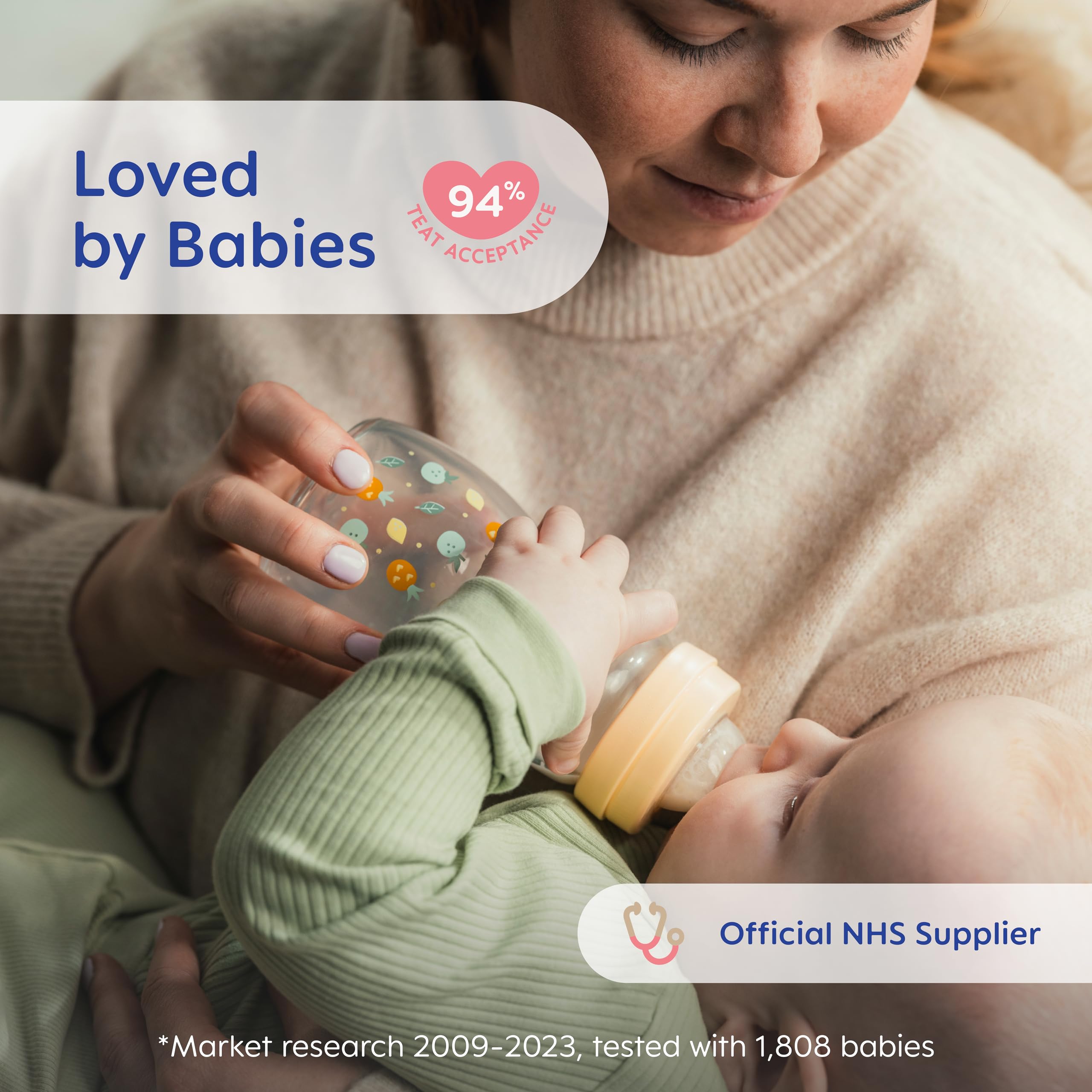 Orthodontic teat shape facilitates easy switch between breast and bottle.