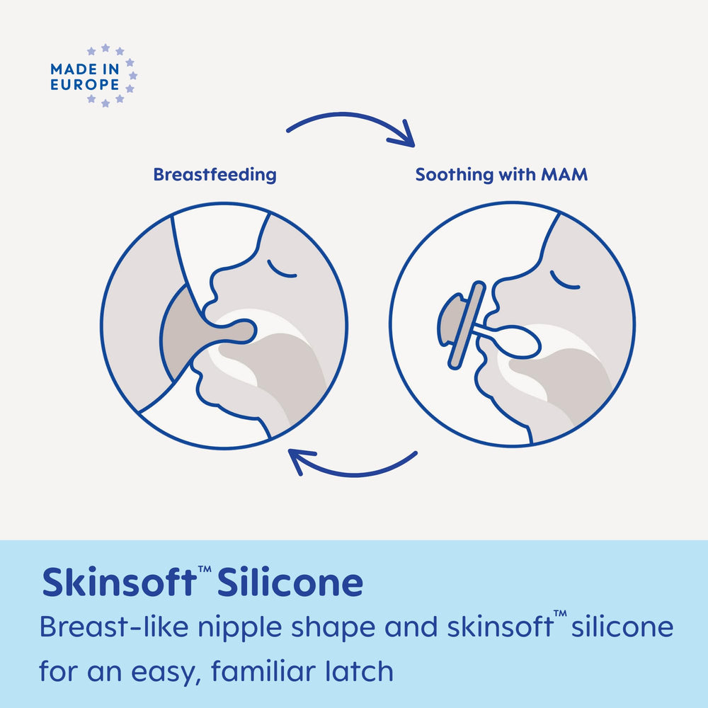 MAM silicone nipple with symmetrical shape aids easy latch for breastfed babies