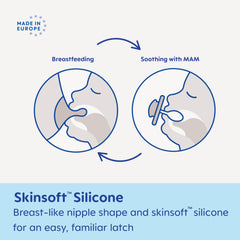 MAM silicone nipple with symmetrical shape aids easy latch for breastfed babies
