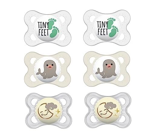 Mam glow-in-the-dark pacifier variety pack with six nipple types for nighttime locating.