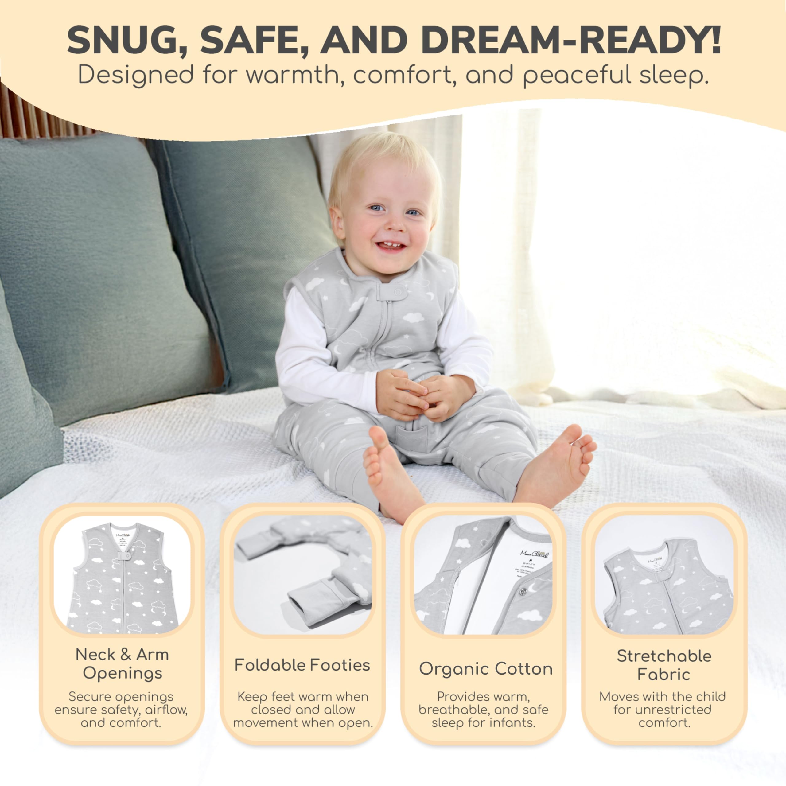 Mama Cheetah sleep sack fabric is breathable organic cotton at 0.5 TOG.