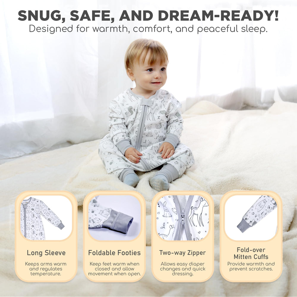 Mama Cheetah sleep sack with foot openings supports mobility and warmth.