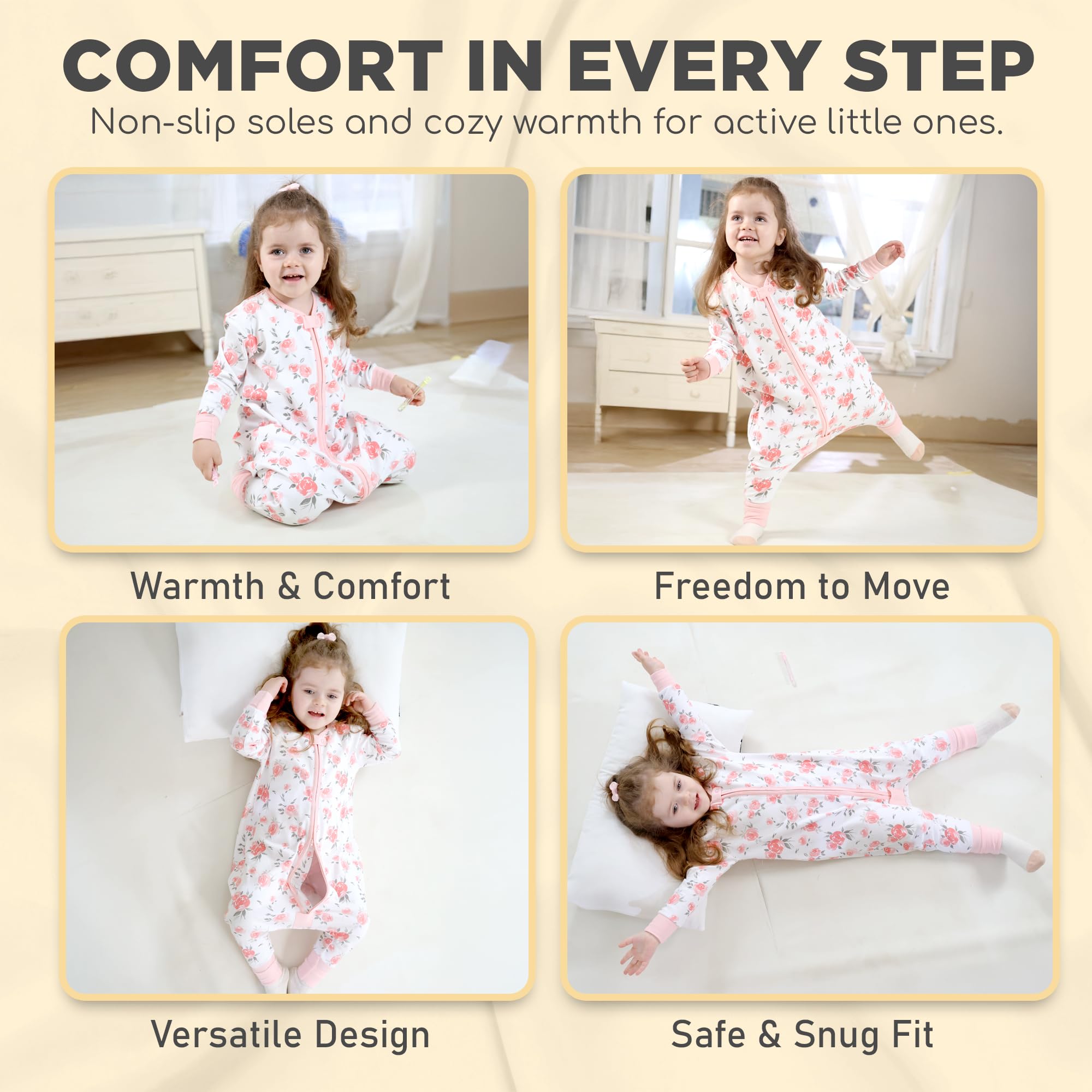 Mama Cheetah foot openings adjust for warmth or mobility during play.