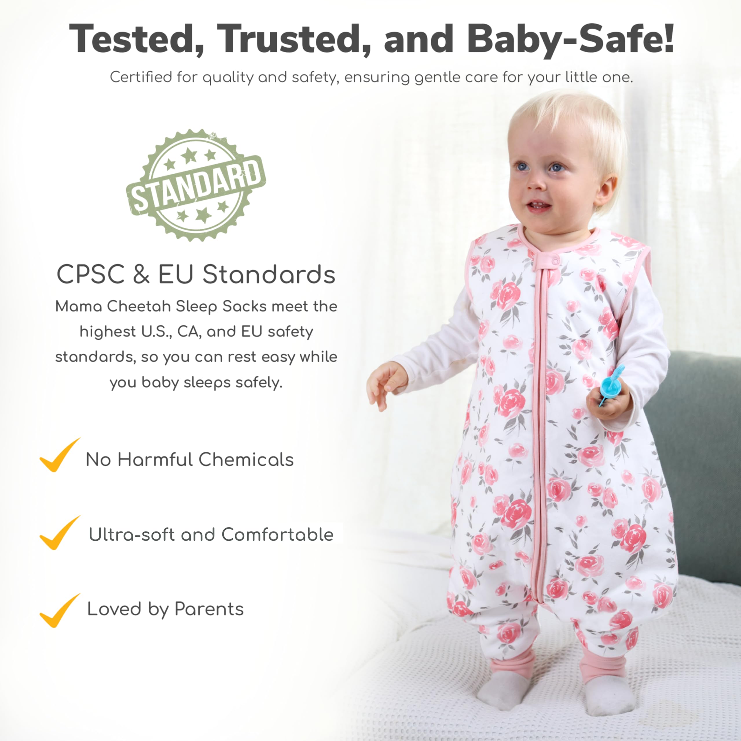 Mama Cheetah sleep sack with foot openings supports mobility while staying warm.