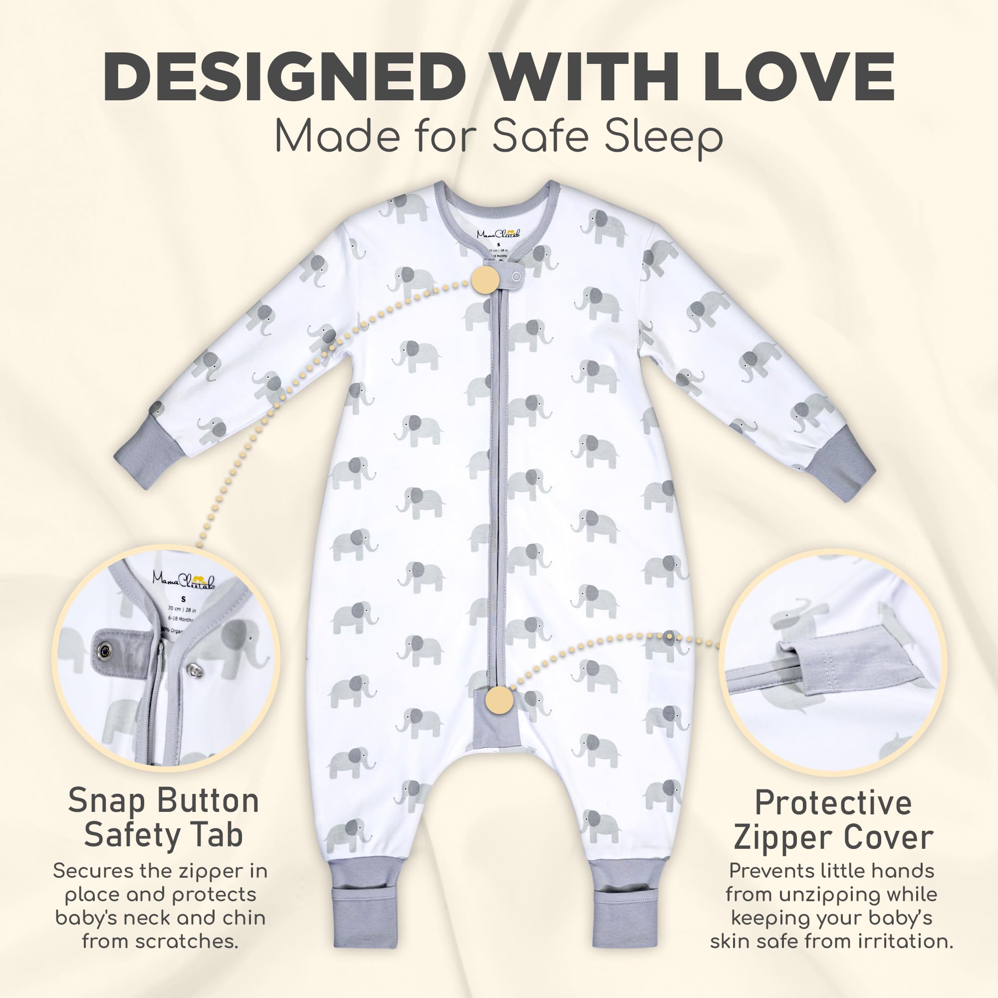 Mama Cheetah footed sleep sack promotes warmth and mobility
