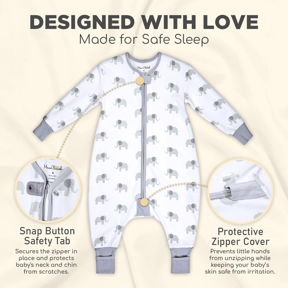 Mama Cheetah footed sleep sack promotes warmth and mobility