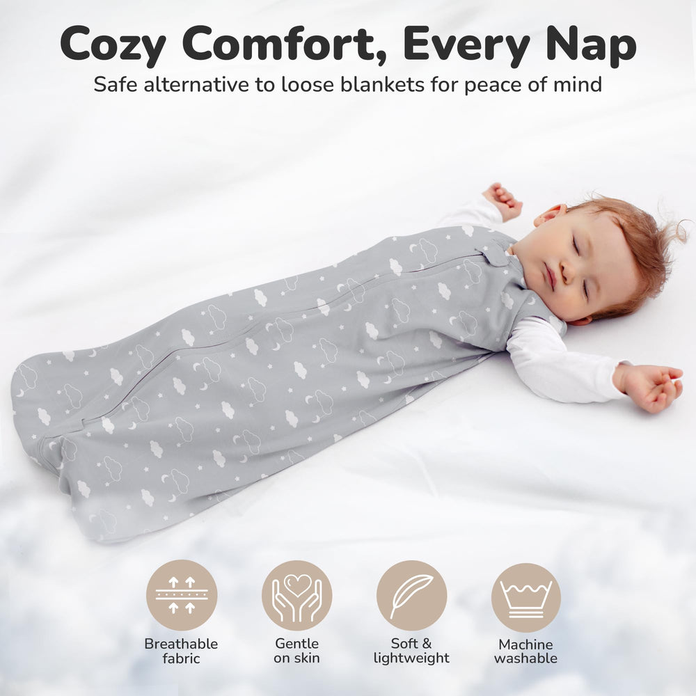 Grow-with-baby sizes from newborn to toddler in Mama Cheetah sleep sacks.