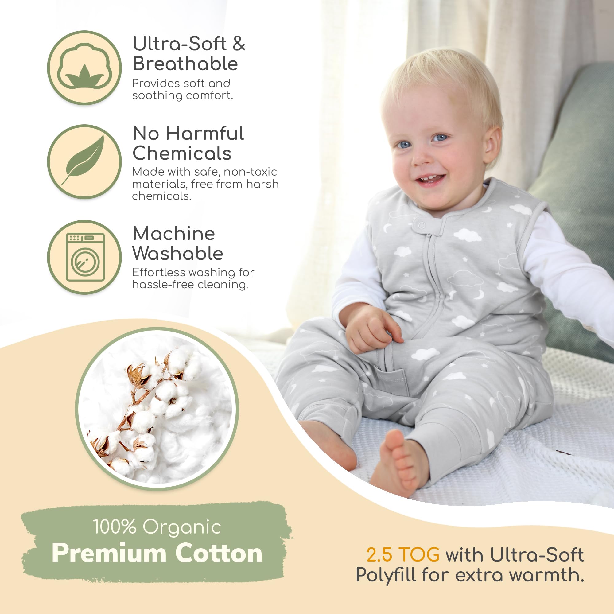 Organic cotton feels soft and breathable in Mama Cheetah sleep sack