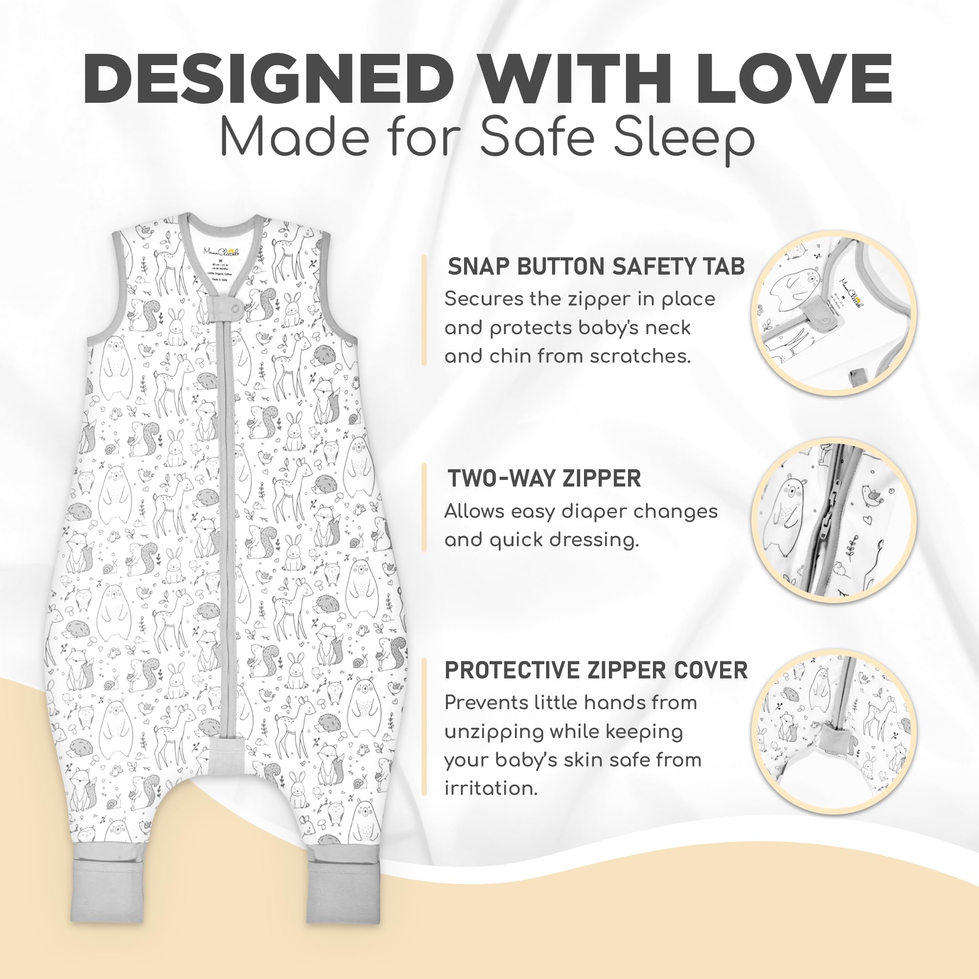 Mama Cheetah sleep sack safety tab guards neck and chin.