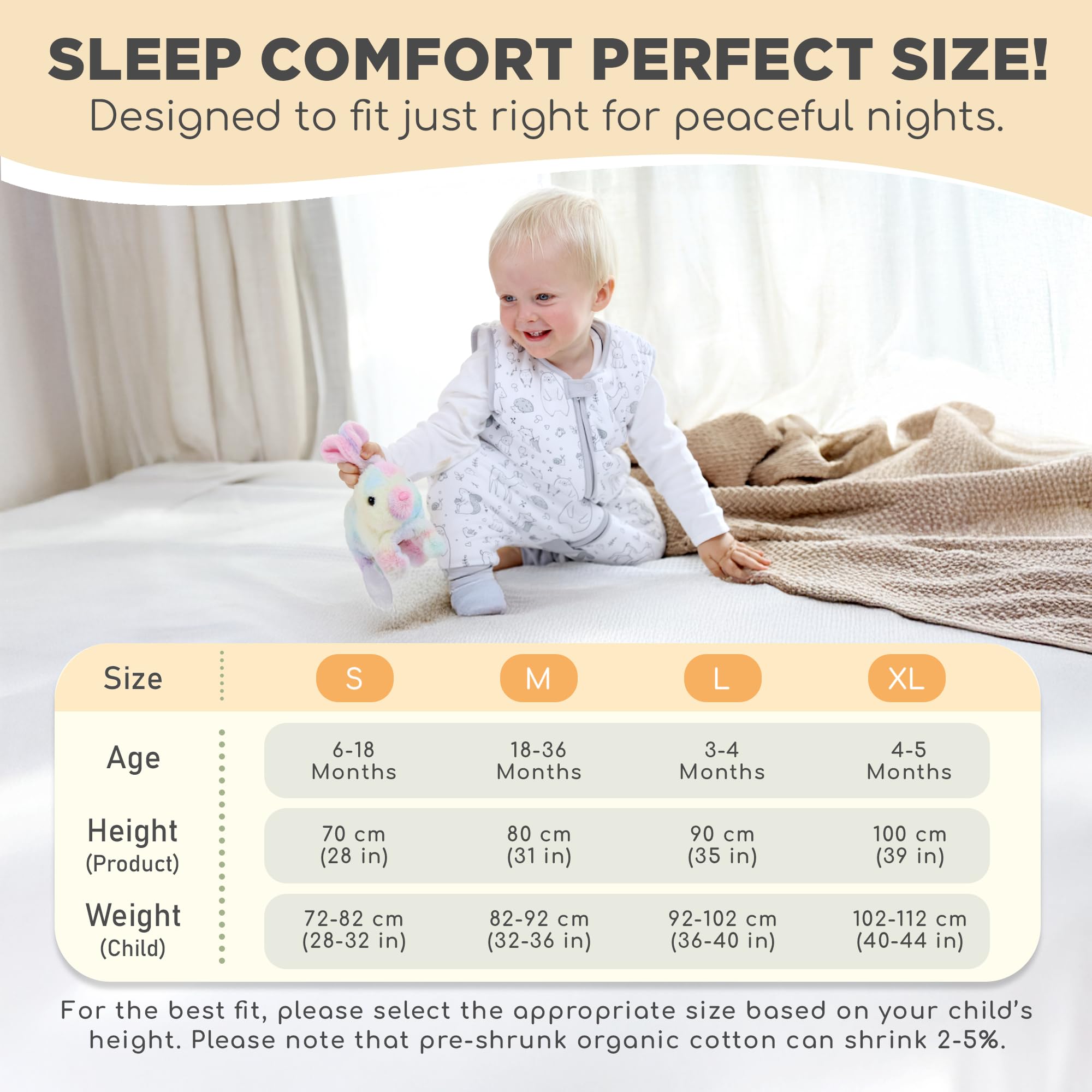 Size chart preview for Mama Cheetah 6-18 months sleepsack