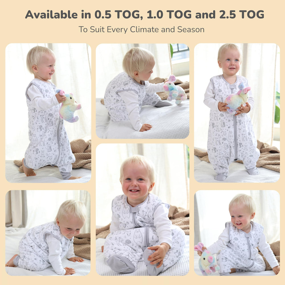 Mama Cheetah sleep sack with feet open view demonstrates adjustable warmth for growing toddlers.