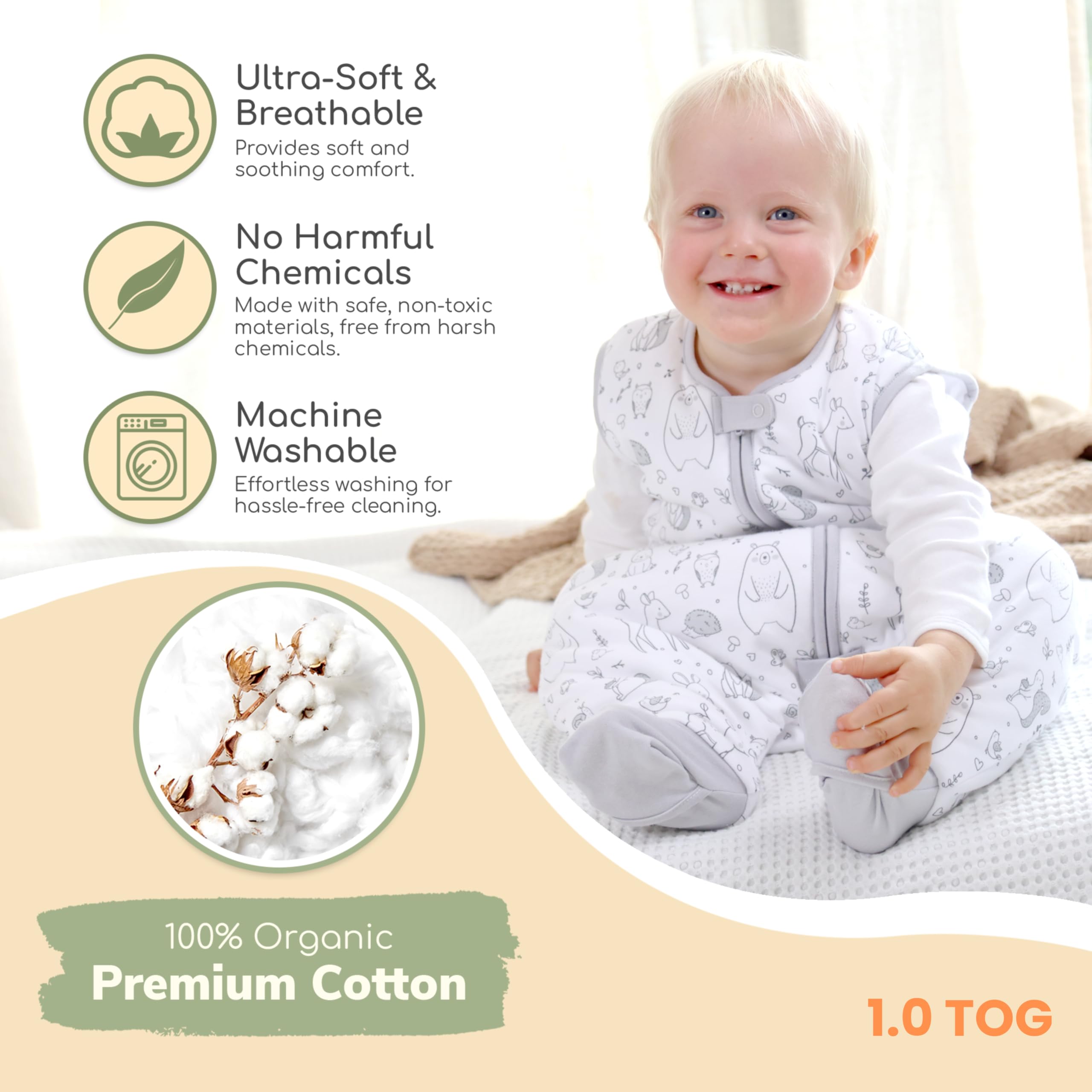 Mama Cheetah sleep sack neck safety tab keeps baby secure and comfortable.