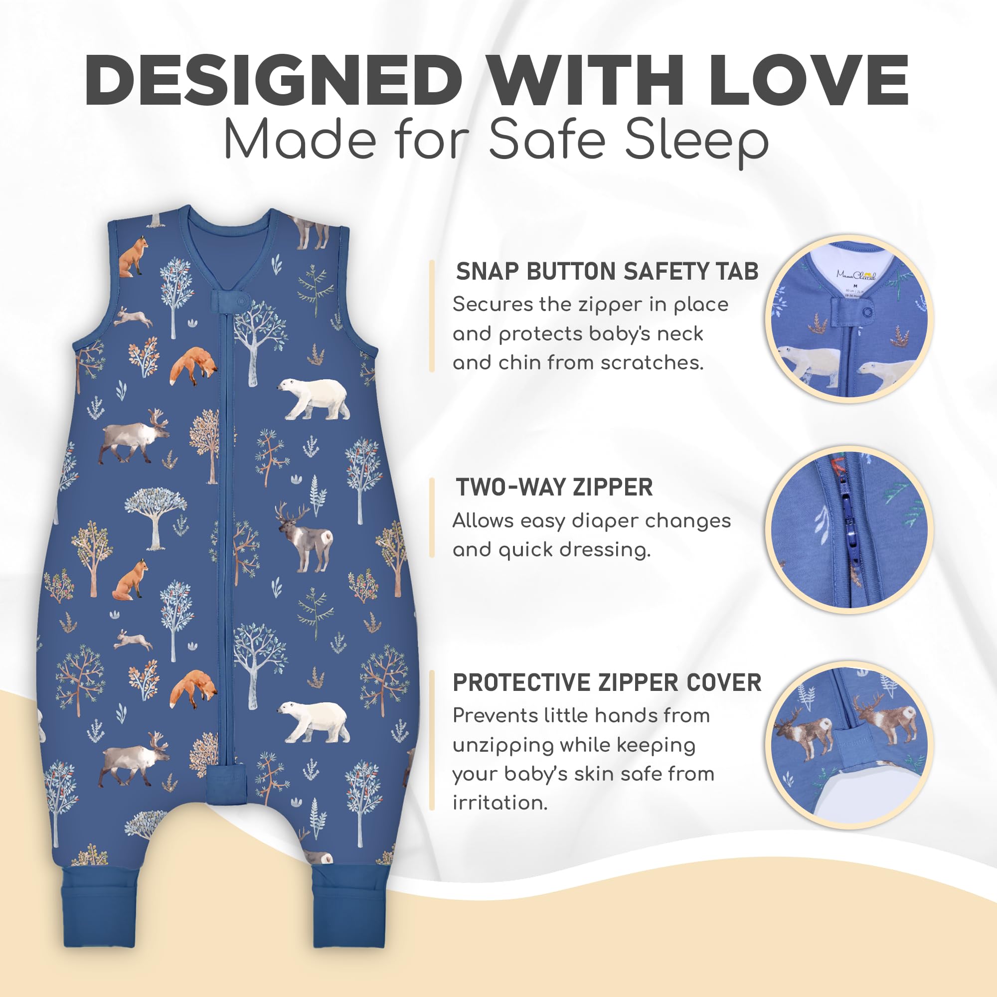 Mama Cheetah sleep sack shows neck guard for a safe, cozy fit.
