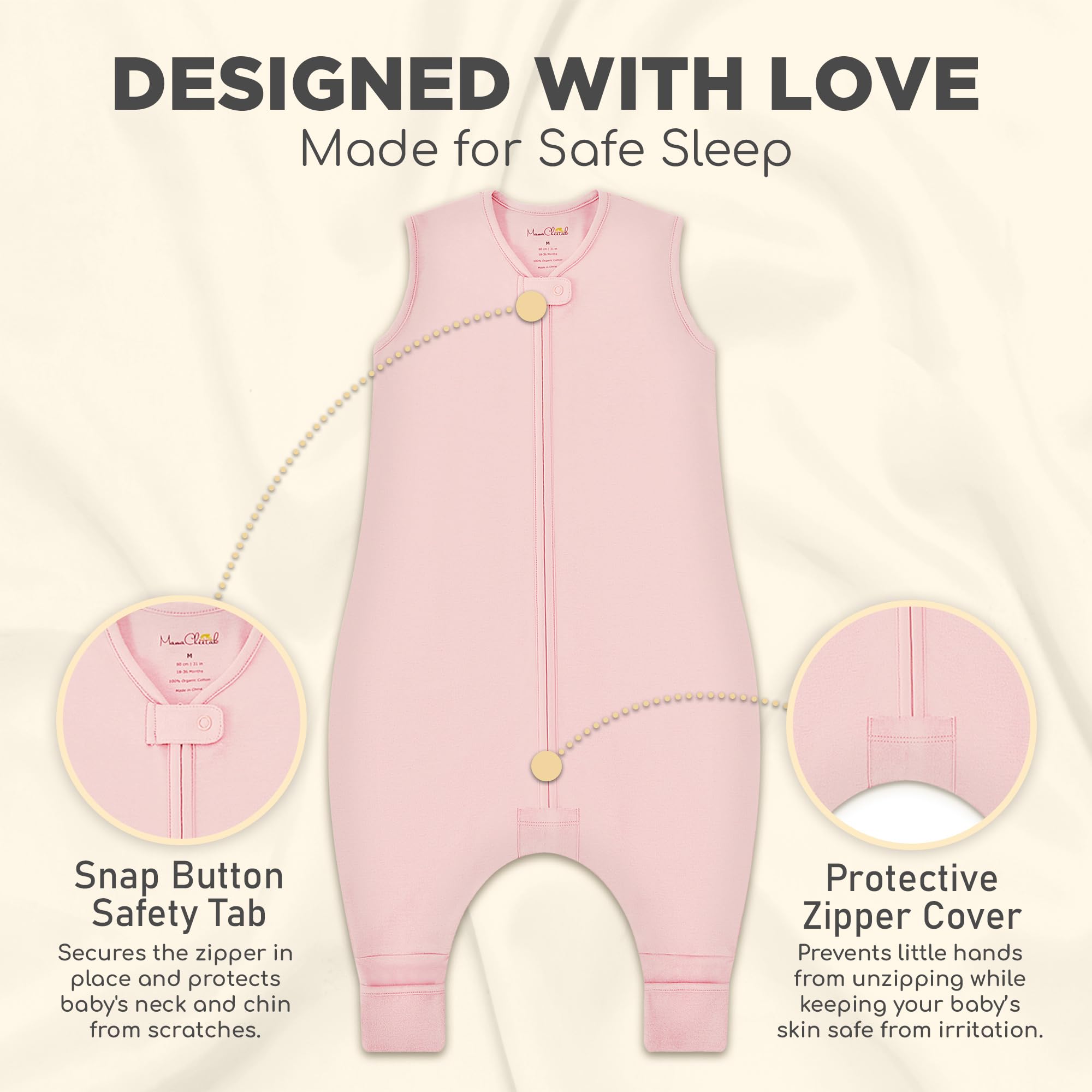 Mama Cheetah sleep sack safety tab protects neck and chin during sleep.