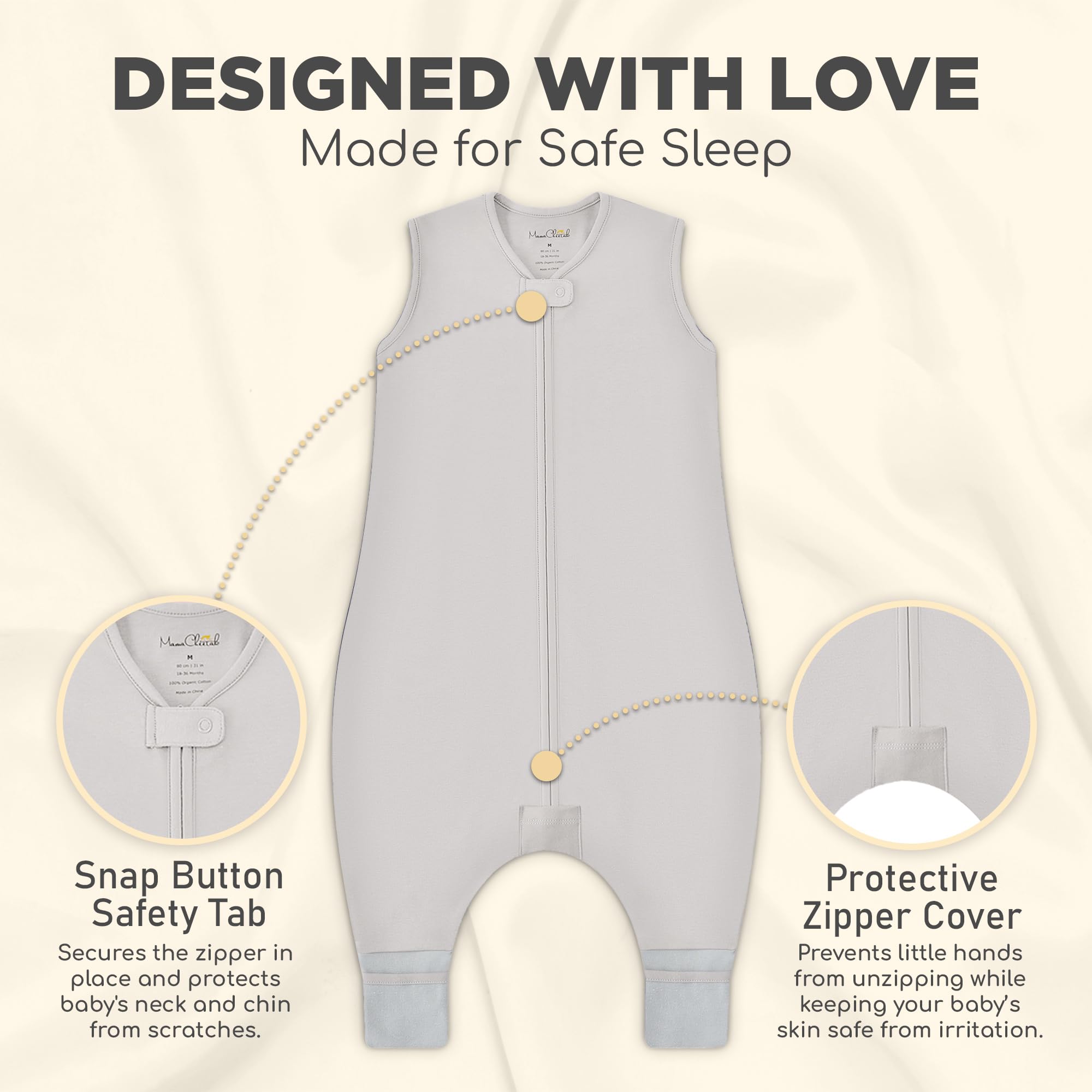 Mama Cheetah sleep sack safety tab protects neck during sleep