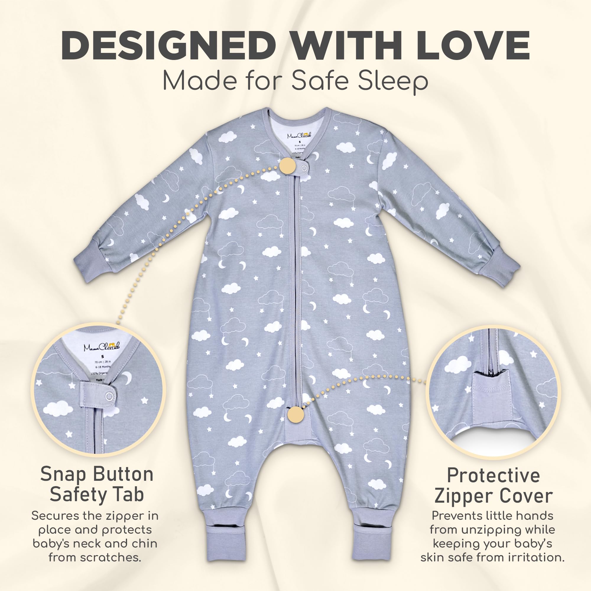 Mama Cheetah sleep sack with safety tab protects neck and chin