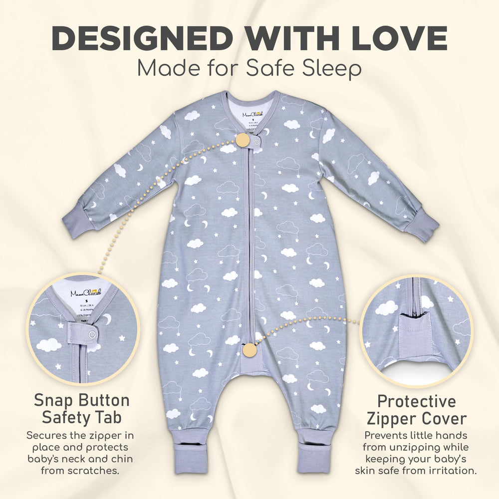 Mama Cheetah sleep sack with safety tab protects neck and chin