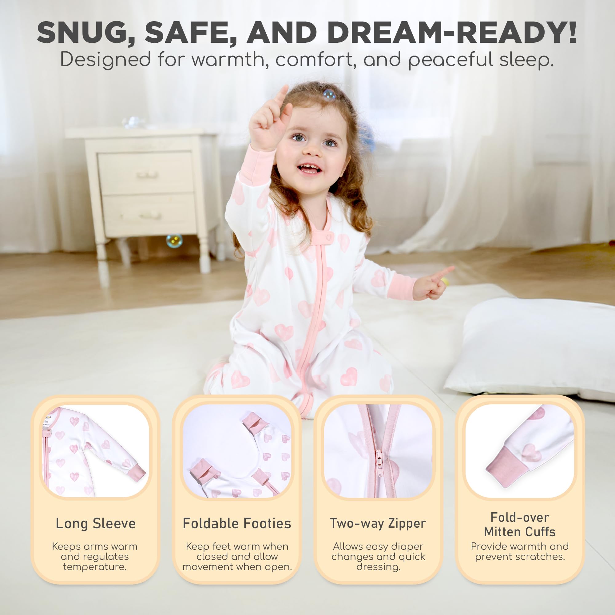 Mama Cheetah sleep sack with sleeves provides snug yet flexible movement.