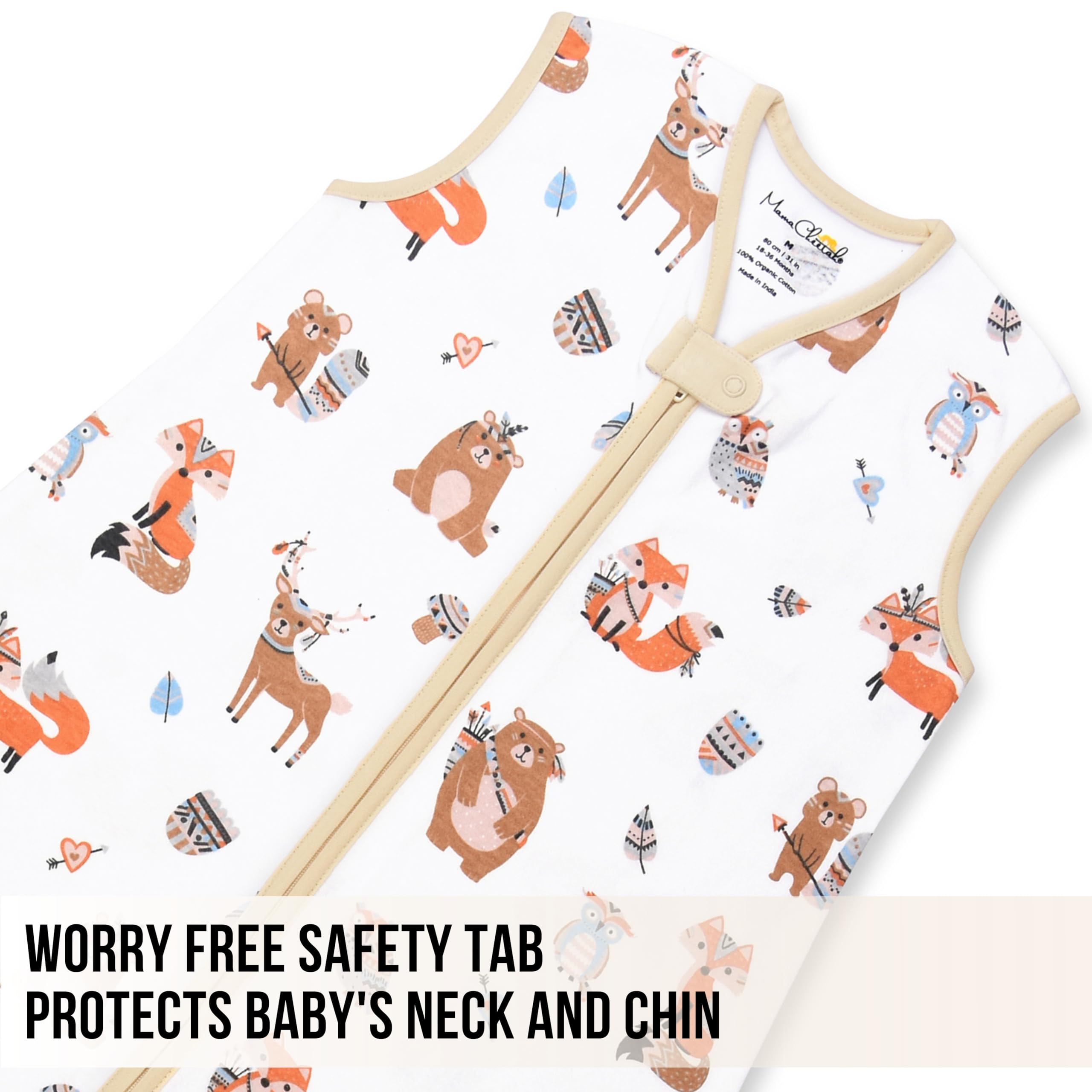 Mama Cheetah sleep sack with zip guard ensures secure closing for safe sleep.