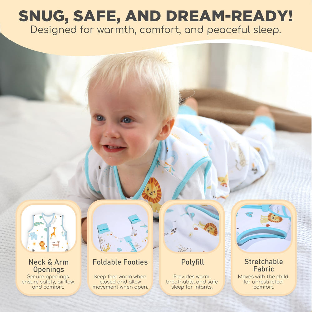 Mama Cheetah sleepsack with feet shows adjustable foot openings for mobility