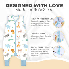 Mama Cheetah sleep sack with feet offers flexible leg openings for mobility.