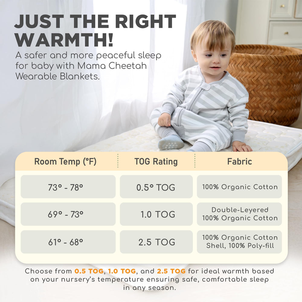 Unisex Mama Cheetah sleep sack with playful patterns for boys and girls.